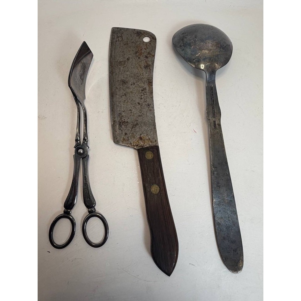 Vintage Kitchen Lot Super Edge Cleaver Cheltenham Tongs Masterpiece Spoon Japan